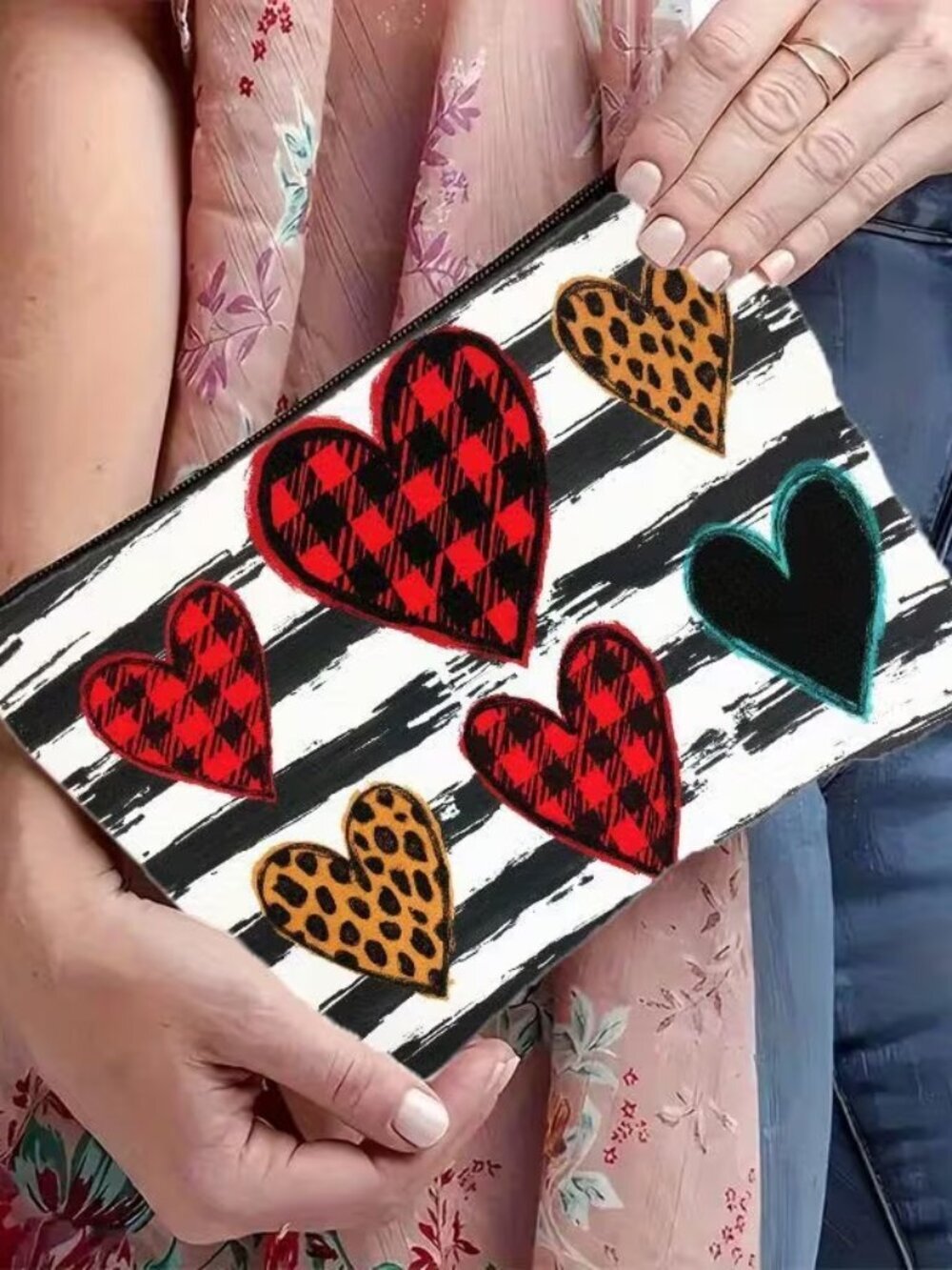 Buffalo Check & Leopard Print Heart Makeup Bag - Red/Black/White